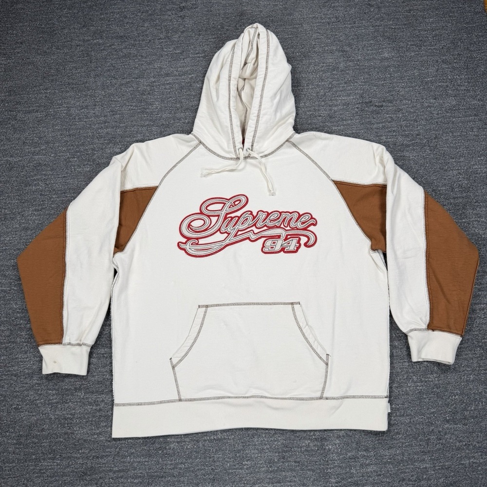 Supreme Paneled Script Hooded Sweatshirt Men XL Cream Hoodie Streetwear FLAWS